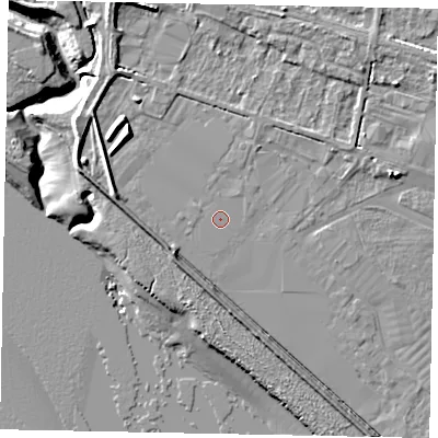 Shaded relief map of the ground around HU151ZW, computed from Environment Agency LiDAR. The ground here sits at about 4 m above sea level and falls 10 m across the surrounding 800 m. The ground contributing surface water to this point lies to the north.