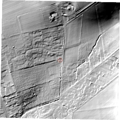 Shaded relief map of the ground around HU152AZ, computed from Environment Agency LiDAR. The ground here sits at about 38 m above sea level and falls 47 m across the surrounding 800 m. Surface water reaching this point runs off ground lying to the north-north-east, 35.0 m higher.