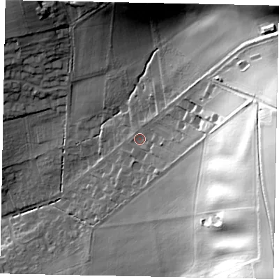 Shaded relief map of the ground around HU152BB, computed from Environment Agency LiDAR. The ground here sits at about 42 m above sea level and falls 75 m across the surrounding 800 m. Surface water reaching this point runs off ground lying to the east-south-east, 60.3 m higher.