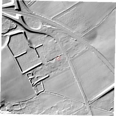 Shaded relief map of the ground around HU152DB, computed from Environment Agency LiDAR. The ground here sits at about 20 m above sea level and falls 26 m across the surrounding 800 m. Surface water reaching this point runs off ground lying to the north-west, 10.2 m higher.