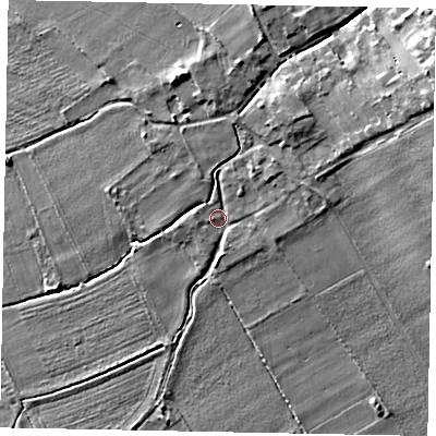 Shaded relief map of the ground around HU152DR, computed from Environment Agency LiDAR. The ground here sits at about 8 m above sea level and falls 14 m across the surrounding 800 m. Surface water reaching this point runs off ground lying to the east-north-east, 10.1 m higher.