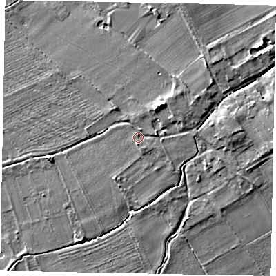 Shaded relief map of the ground around HU152DW, computed from Environment Agency LiDAR. The ground here sits at about 9 m above sea level and falls 14 m across the surrounding 800 m. Surface water reaching this point runs off ground lying to the north-east, 8.8 m higher.