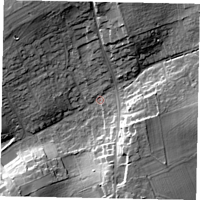 Shaded relief map of the ground around HU152EH, computed from Environment Agency LiDAR. The ground here sits at about 27 m above sea level and falls 20 m across the surrounding 800 m. Surface water reaching this point runs off ground lying to the north, 16.5 m higher.