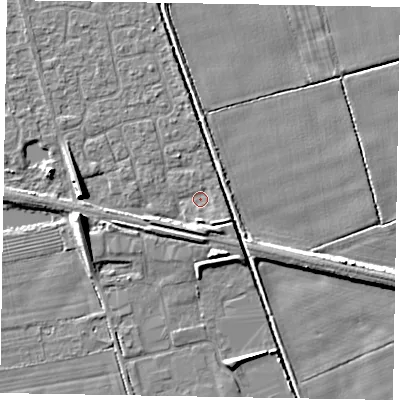 Shaded relief map of the ground around HU152FF, computed from Environment Agency LiDAR. The ground here sits at about 2 m above sea level and falls 8 m across the surrounding 800 m. Surface water reaching this point runs off ground lying to the south-south-west, 2.6 m higher.