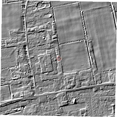 Shaded relief map of the ground around HU152GB, computed from Environment Agency LiDAR. The ground here sits at about 4 m above sea level and falls 3 m across the surrounding 800 m. Surface water reaching this point runs off ground lying to the north-west, 2.2 m higher.