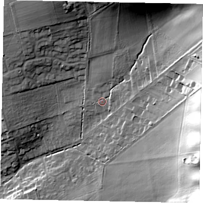 Shaded relief map of the ground around HU152GE, computed from Environment Agency LiDAR. The ground here sits at about 38 m above sea level and falls 48 m across the surrounding 800 m. Surface water reaching this point runs off ground lying to the east-north-east, 24.2 m higher.