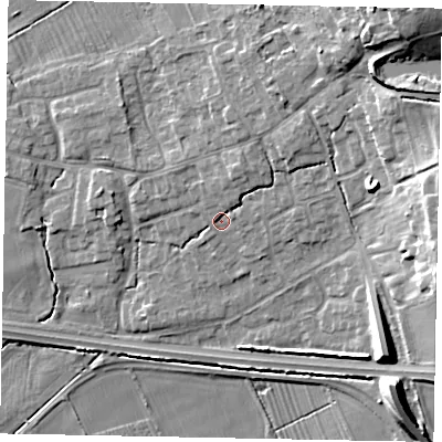 Shaded relief map of the ground around HU152HA, computed from Environment Agency LiDAR. The ground here sits at about 14 m above sea level and falls 22 m across the surrounding 800 m. Surface water reaching this point runs off ground lying to the north-north-east, 2.5 m higher.