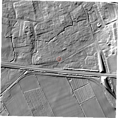 Shaded relief map of the ground around HU152HG, computed from Environment Agency LiDAR. The ground here sits at about 13 m above sea level and falls 17 m across the surrounding 800 m. Surface water reaching this point runs off ground lying to the north-north-east, 5.4 m higher.