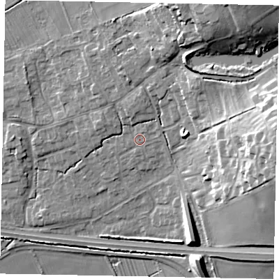Shaded relief map of the ground around HU152HL, computed from Environment Agency LiDAR. The ground here sits at about 16 m above sea level and falls 25 m across the surrounding 800 m. Surface water reaching this point runs off ground lying to the north-north-east, 2.7 m higher.