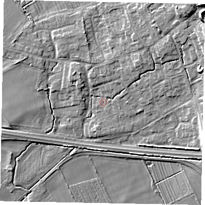Shaded relief map of the ground around HU152HN, computed from Environment Agency LiDAR. The ground here sits at about 13 m above sea level and falls 18 m across the surrounding 800 m. Surface water reaching this point runs off ground lying to the north-east, 2.3 m higher.