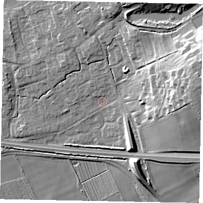 Shaded relief map of the ground around HU152HQ, computed from Environment Agency LiDAR. The ground here sits at about 15 m above sea level and falls 26 m across the surrounding 800 m. Surface water reaching this point runs off ground lying to the east-north-east, 20.6 m higher.