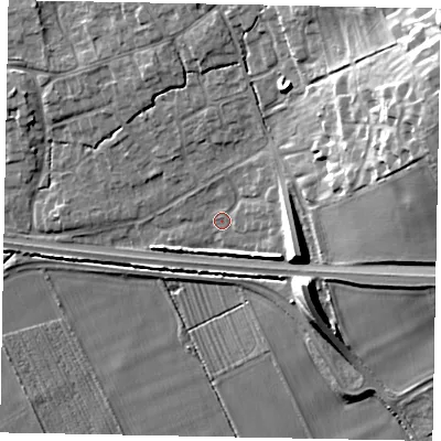 Shaded relief map of the ground around HU152HR, computed from Environment Agency LiDAR. The ground here sits at about 14 m above sea level and falls 26 m across the surrounding 800 m. Surface water reaching this point runs off ground lying to the east, 7.2 m higher.