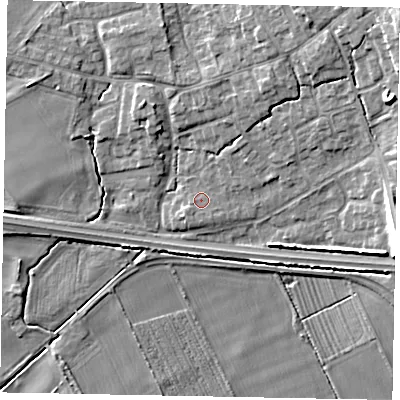 Shaded relief map of the ground around HU152HW, computed from Environment Agency LiDAR. The ground here sits at about 13 m above sea level and falls 15 m across the surrounding 800 m. Surface water reaching this point runs off ground lying to the north-east, 8.8 m higher.