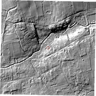 Shaded relief map of the ground around HU152LR, computed from Environment Agency LiDAR. The ground here sits at about 14 m above sea level and falls 12 m across the surrounding 800 m. Surface water reaching this point runs off ground lying to the south-east, 3.0 m higher.