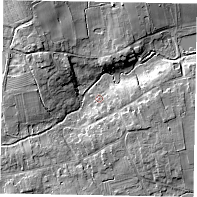 Shaded relief map of the ground around HU152NB, computed from Environment Agency LiDAR. The ground here sits at about 15 m above sea level and falls 12 m across the surrounding 800 m. Surface water reaching this point runs off ground lying to the south-east, 2.8 m higher.