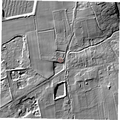 Shaded relief map of the ground around HU152NS, computed from Environment Agency LiDAR. The ground here sits at about 12 m above sea level and falls 14 m across the surrounding 800 m. Surface water reaching this point runs off ground lying to the south, 4.4 m higher.