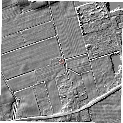 Shaded relief map of the ground around HU152PU, computed from Environment Agency LiDAR. The ground here sits at about 2 m above sea level and falls 4 m across the surrounding 800 m. Surface water reaching this point runs off ground lying to the north, 2.5 m higher.
