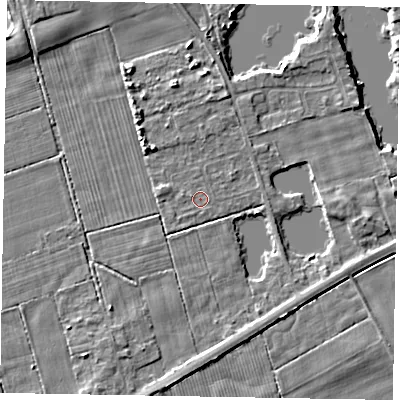 Shaded relief map of the ground around HU152QA, computed from Environment Agency LiDAR. The ground here sits at about 2 m above sea level and falls 5 m across the surrounding 800 m. Surface water reaching this point runs off ground lying to the west-north-west, 0.6 m higher.