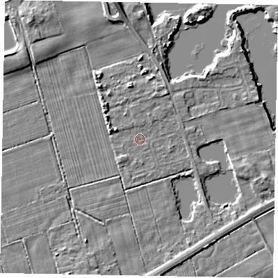 Shaded relief map of the ground around HU152QB, computed from Environment Agency LiDAR. The ground here sits at about 2 m above sea level and falls 7 m across the surrounding 800 m. Surface water reaching this point runs off ground lying to the north-north-east, 1.2 m higher.