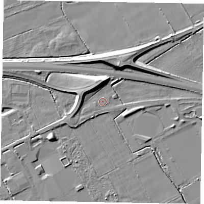 Shaded relief map of the ground around HU152RD, computed from Environment Agency LiDAR. The ground here sits at about 3 m above sea level and falls 10 m across the surrounding 800 m. Surface water reaching this point runs off ground lying to the east-north-east, 1.5 m higher.