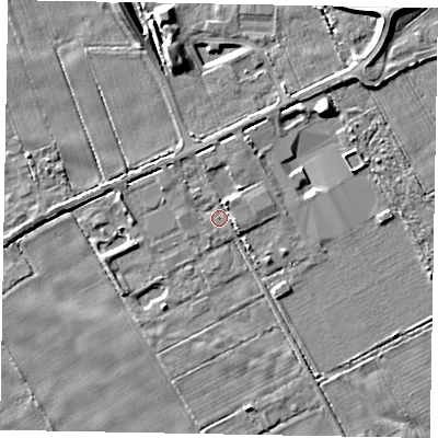 Shaded relief map of the ground around HU152RF, computed from Environment Agency LiDAR. The ground here sits at about 3 m above sea level and falls 8 m across the surrounding 800 m. Surface water reaching this point runs off ground lying to the north-north-east, 2.2 m higher.