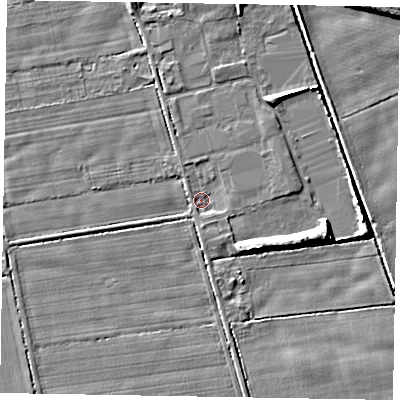 Shaded relief map of the ground around HU152TF, computed from Environment Agency LiDAR. The ground here sits at about 2 m above sea level and falls 6 m across the surrounding 800 m. Surface water reaching this point runs off ground lying to the east-north-east, 1.2 m higher.