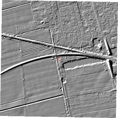 Shaded relief map of the ground around HU152TL, computed from Environment Agency LiDAR. The ground here sits at about 3 m above sea level and falls 7 m across the surrounding 800 m. Surface water reaching this point runs off ground lying to the west, 1.9 m higher.