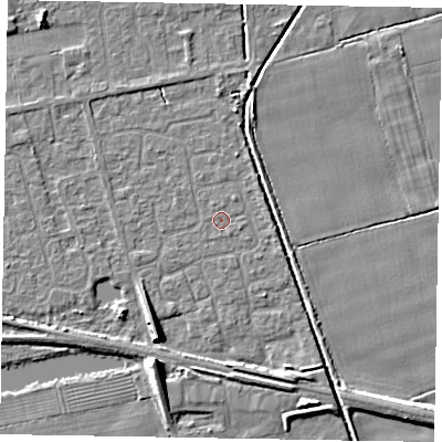 Shaded relief map of the ground around HU152TX, computed from Environment Agency LiDAR. The ground here sits at about 3 m above sea level and falls 8 m across the surrounding 800 m. The ground contributing surface water to this point lies to the south-east.