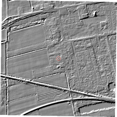 Shaded relief map of the ground around HU152UF, computed from Environment Agency LiDAR. The ground here sits at about 3 m above sea level and falls 4 m across the surrounding 800 m. The ground contributing surface water to this point lies to the east-north-east.