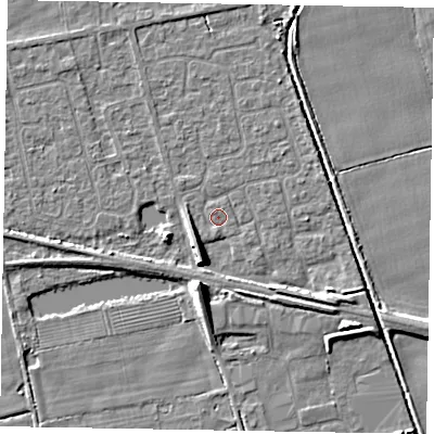 Shaded relief map of the ground around HU152YF, computed from Environment Agency LiDAR. The ground here sits at about 3 m above sea level and falls 8 m across the surrounding 800 m. Surface water reaching this point runs off ground lying to the south-west, 3.9 m higher.