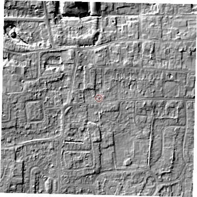 Shaded relief map of the ground around HU164AT, computed from Environment Agency LiDAR. The ground here sits at about 10 m above sea level and falls 9 m across the surrounding 800 m. Surface water reaching this point runs off ground lying to the west, 4.5 m higher.
