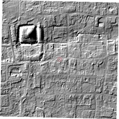 Shaded relief map of the ground around HU164BG, computed from Environment Agency LiDAR. The ground here sits at about 10 m above sea level and falls 10 m across the surrounding 800 m. Surface water reaching this point runs off ground lying to the south, 1.1 m higher.