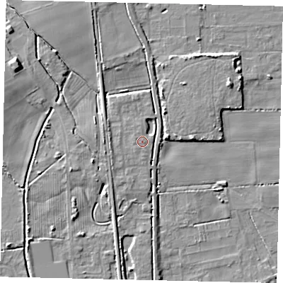 Shaded relief map of the ground around HU164BY, computed from Environment Agency LiDAR. The ground here sits at about 6 m above sea level and falls 11 m across the surrounding 800 m. Surface water reaching this point runs off ground lying to the west, 2.6 m higher.