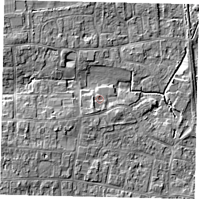 Shaded relief map of the ground around HU164DD, computed from Environment Agency LiDAR. The ground here sits at about 7 m above sea level and falls 8 m across the surrounding 800 m. Surface water reaching this point runs off ground lying to the south-west, 2.1 m higher.