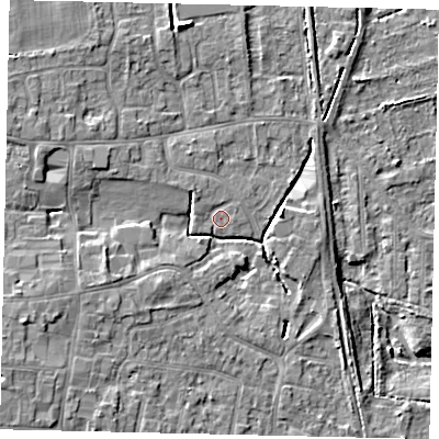 Shaded relief map of the ground around HU164DE, computed from Environment Agency LiDAR. The ground here sits at about 6 m above sea level and falls 9 m across the surrounding 800 m. Surface water reaching this point runs off ground lying to the west-south-west, 6.3 m higher.