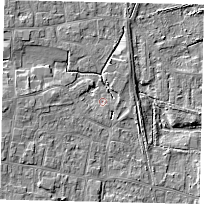 Shaded relief map of the ground around HU164DF, computed from Environment Agency LiDAR. The ground here sits at about 5 m above sea level and falls 8 m across the surrounding 800 m. Surface water reaching this point runs off ground lying to the west-south-west, 2.8 m higher.