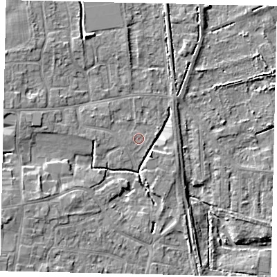 Shaded relief map of the ground around HU164DH, computed from Environment Agency LiDAR. The ground here sits at about 6 m above sea level and falls 8 m across the surrounding 800 m. Surface water reaching this point runs off ground lying to the west-south-west, 5.5 m higher.