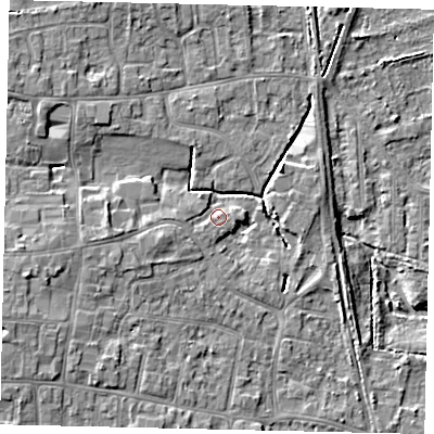 Shaded relief map of the ground around HU164DL, computed from Environment Agency LiDAR. The ground here sits at about 6 m above sea level and falls 9 m across the surrounding 800 m. Surface water reaching this point runs off ground lying to the west, 3.9 m higher.