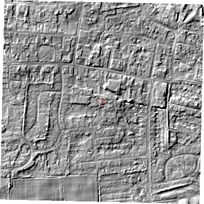 Shaded relief map of the ground around HU164EA, computed from Environment Agency LiDAR. The ground here sits at about 8 m above sea level and falls 8 m across the surrounding 800 m. Surface water reaching this point runs off ground lying to the north-west, 4.5 m higher.