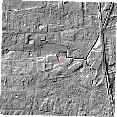 Shaded relief map of the ground around HU164EW, computed from Environment Agency LiDAR. The ground here sits at about 6 m above sea level and falls 10 m across the surrounding 800 m. Surface water reaching this point runs off ground lying to the west-south-west, 5.7 m higher.
