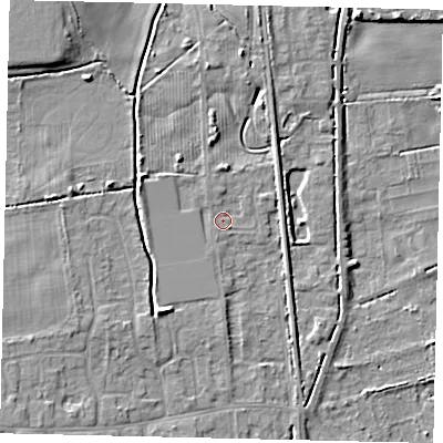 Shaded relief map of the ground around HU164HB, computed from Environment Agency LiDAR. The ground here sits at about 6 m above sea level and falls 8 m across the surrounding 800 m. Surface water reaching this point runs off ground lying to the west-north-west, 3.6 m higher.