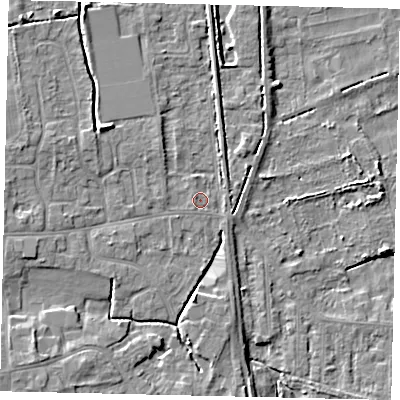 Shaded relief map of the ground around HU164HH, computed from Environment Agency LiDAR. The ground here sits at about 6 m above sea level and falls 8 m across the surrounding 800 m. Surface water reaching this point runs off ground lying to the north-west, 1.1 m higher.