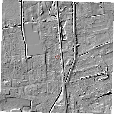 Shaded relief map of the ground around HU164HJ, computed from Environment Agency LiDAR. The ground here sits at about 6 m above sea level and falls 7 m across the surrounding 800 m. Surface water reaching this point runs off ground lying to the west, 4.6 m higher.