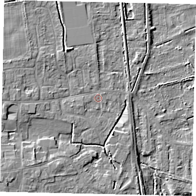 Shaded relief map of the ground around HU164HL, computed from Environment Agency LiDAR. The ground here sits at about 6 m above sea level and falls 9 m across the surrounding 800 m. Surface water reaching this point runs off ground lying to the north-north-west, 3.4 m higher.
