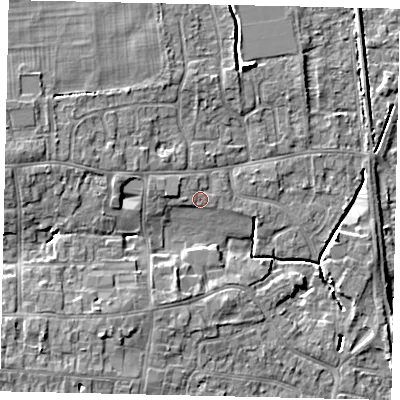 Shaded relief map of the ground around HU164HN, computed from Environment Agency LiDAR. The ground here sits at about 7 m above sea level and falls 9 m across the surrounding 800 m. Surface water reaching this point runs off ground lying to the west, 1.7 m higher.