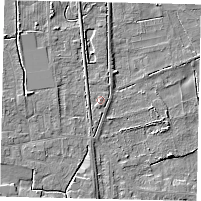 Shaded relief map of the ground around HU164JA, computed from Environment Agency LiDAR. The ground here sits at about 6 m above sea level and falls 8 m across the surrounding 800 m. Surface water reaching this point runs off ground lying to the west-south-west, 2.1 m higher.