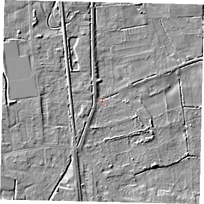 Shaded relief map of the ground around HU164JB, computed from Environment Agency LiDAR. The ground here sits at about 4 m above sea level and falls 8 m across the surrounding 800 m. Surface water reaching this point runs off ground lying to the north-north-west, 3.2 m higher.