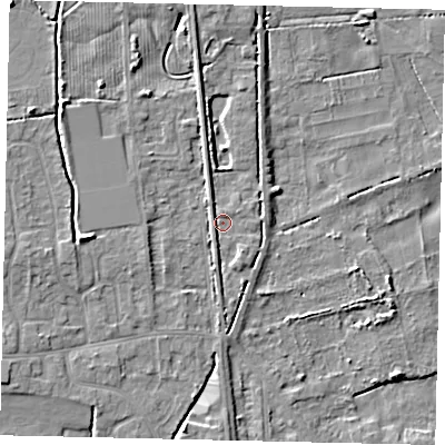 Shaded relief map of the ground around HU164JD, computed from Environment Agency LiDAR. The ground here sits at about 5 m above sea level and falls 7 m across the surrounding 800 m. Surface water reaching this point runs off ground lying to the west, 4.8 m higher.