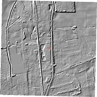 Shaded relief map of the ground around HU164JE, computed from Environment Agency LiDAR. The ground here sits at about 5 m above sea level and falls 8 m across the surrounding 800 m. Surface water reaching this point runs off ground lying to the north-north-west, 3.6 m higher.