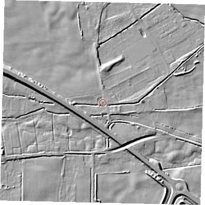 Shaded relief map of the ground around HU164JP, computed from Environment Agency LiDAR. The ground here sits at about 3 m above sea level and falls 12 m across the surrounding 800 m. Surface water reaching this point runs off ground lying to the west, 6.0 m higher.